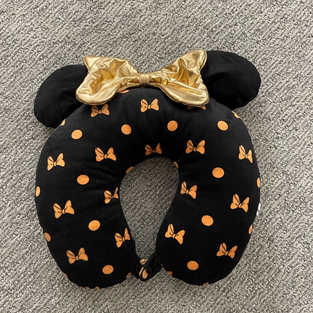 Disney Minnie Mouse Travel Pillow Black W Gold Bow And Ears
